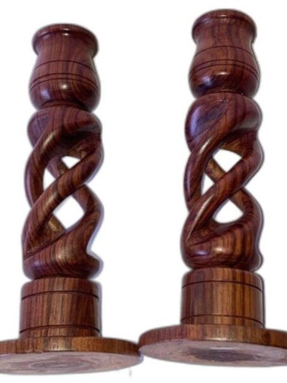 Candlesticks Wood Swirl Spiral Hand Carved 6.5 inches Tall Set of 2
